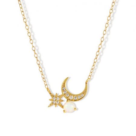 Moon And Star Gold Plated Necklace - A close-up of the Moon and Star Gold Plated Necklace, showcasing the detailed gold-plated crescent moon, star, and pearl pendant on a white background.