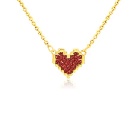 The unique pixelated design of the red gemstone heart pendant on the gold necklace.