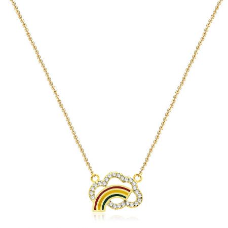 Rainbow Cloud Colorful Necklace - Close-up of the Rainbow Cloud Colorful Necklace, showing the detailed gold-plated brass pendant with a vibrant epoxy rainbow and sparkling cubic zirconia stones.