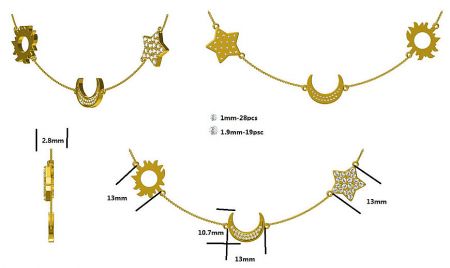 Custom gold charm necklace with detailed measurements.