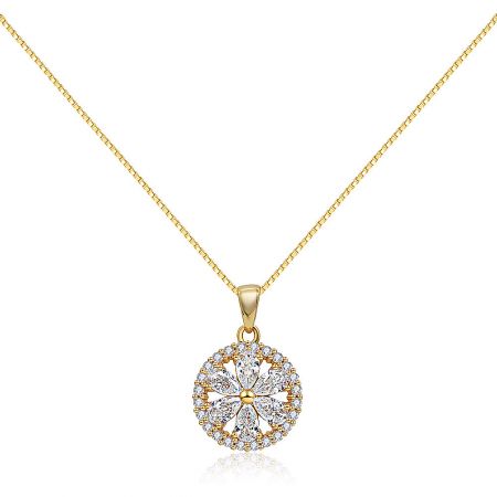 Morning CZ Floral Pendant Necklace - Close-up of the Morning CZ Floral Pendant Necklace, showcasing its gold-plated finish and intricate circular pendant set with sparkling cubic zirconia stones.