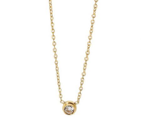 Delicate Round Solitaire Necklace - A close-up of the Delicate Round Solitaire Necklace, showcasing its brilliant clear crystal pendant on a fine gold-plated stainless steel chain.
