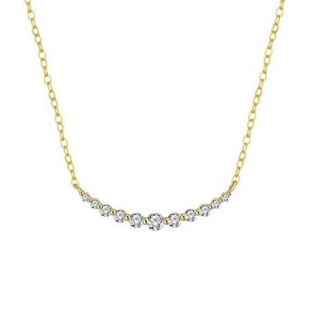 925 Sterling Silver CZ Curved Bar Necklace - A detailed studio shot of the 925 Sterling Silver CZ Curved Bar Necklace, showcasing its gold plating and the sparkling cubic zirconia stones on the curved bar.