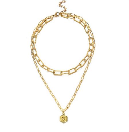 Custom Initial Gold Plated Double Chain Necklace - Custom initial gold plated double chain necklace featuring a hexagonal pendant with the letter 'C', crafted from high-quality stainless steel.