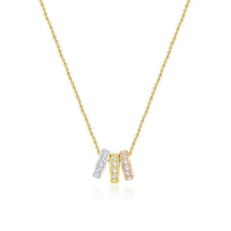 Tri-Tone Pave Circle Pendant Necklace - Close-up of the Tri-Tone Pave Circle Pendant Necklace, showing the three interlocking circles in rhodium, gold, and rose gold, each set with sparkling cubic zirconia stones.