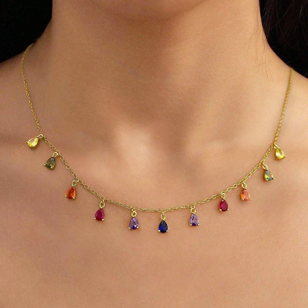 Detailed view of the rainbow teardrop gemstones on the sterling silver necklace.