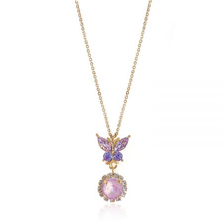 Gold Plated Pink Butterfly Necklace - Close-up of the Gold Plated Pink Butterfly Necklace, showcasing the detailed purple gemstone butterfly pendant on a gold chain.