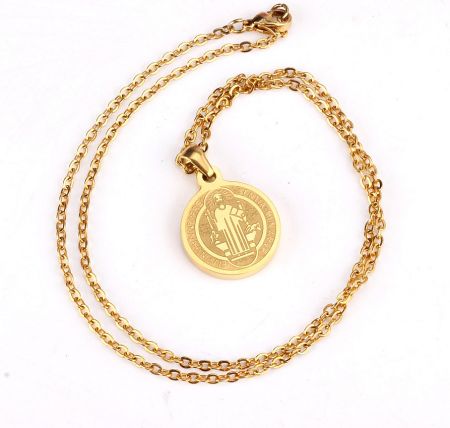 Close-up view of the gold-plated stainless steel religious pendant necklace.