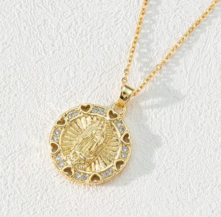 Detailed view of a custom gold religious necklace with a circular pendant.