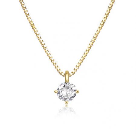 925 Sterling Silver Solitaire Pendant Necklace - 925 Sterling Silver Solitaire Pendant Necklace with a gold finish and a round cubic zirconia stone, displayed on a white background.