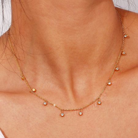 Close-up of the white zircon stainless steel necklace worn on a model's neck.