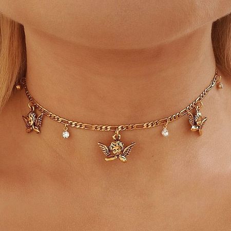 Wholesale Angel Necklace: Cupid Charm Choker - Detailed view of the Wholesale Angel Necklace, featuring a gold-plated chain with a central winged Cupid (cherub) charm, perfect for custom jewelry collections.