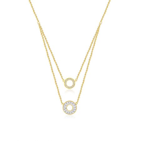CZ Pave Open Circle Double Layer Necklace - A close-up of the CZ Pave Open Circle Double Layer Necklace, showcasing its two gold chains and sparkling cubic zirconia pendants.