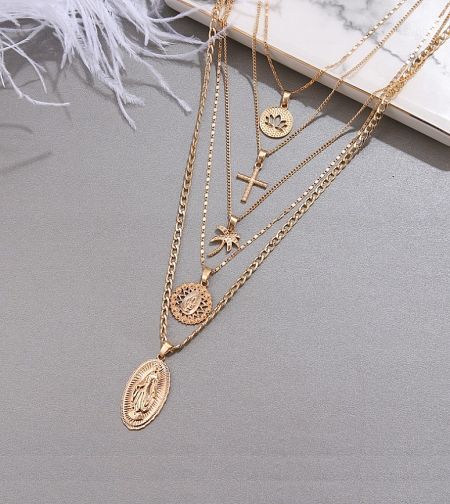 Various styles of custom gold necklaces with different pendant designs.
