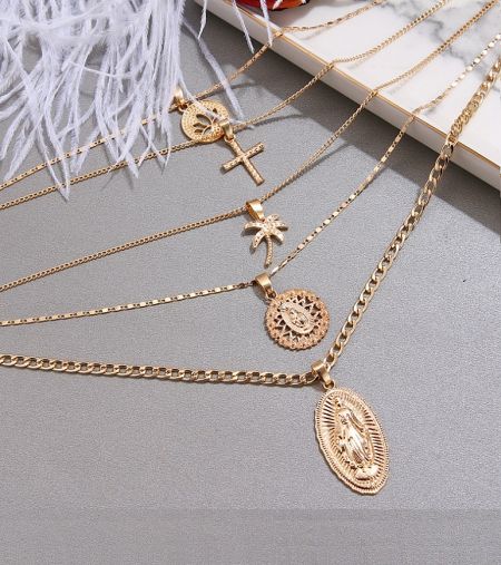 Custom Gold Layered Christian Cross Necklace - A collection of custom gold-layered necklaces featuring various Christian cross and religious pendants, manufactured by JR Fashion Accessories.