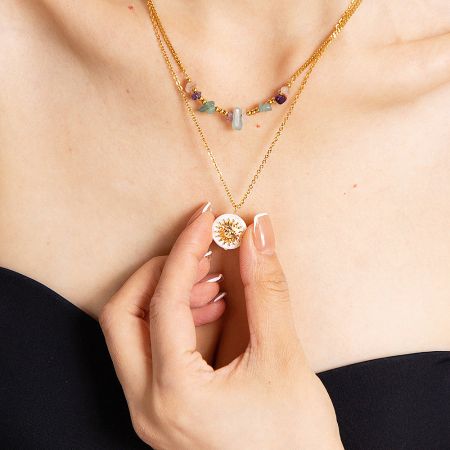 Gold-plated version of the beach style layered necklace set with sun and stone pendants.