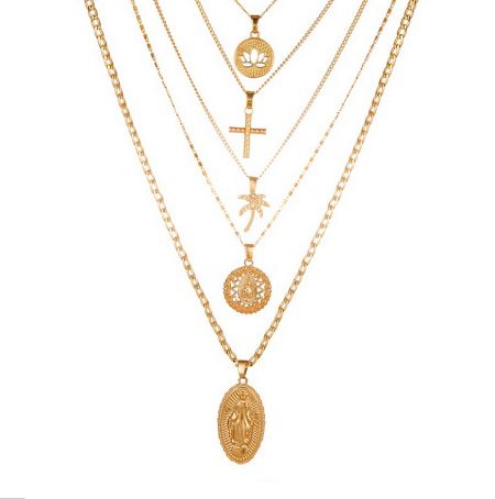 An assortment of gold-plated necklaces with customizable pendants, showcasing different shapes and styles.