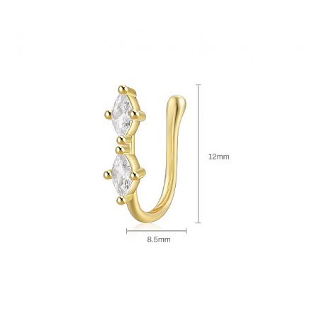 Detailed view of a gold-plated sterling silver clip-on nose pin with two clear marquise-cut cubic zirconia stones.
