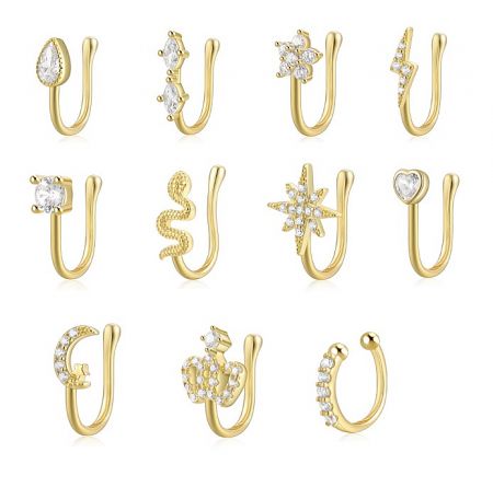 925 Sterling Silver Clip On Non Pierced Nose Pin - A collection of 925 sterling silver clip-on nose pins with gold plating, featuring various designs with cubic zirconia stones.