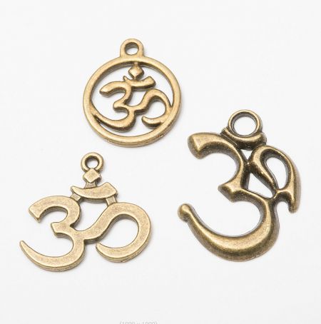 Custom OM Pendant Necklaces - A close-up of three custom gold OM pendant charms, showcasing the intricate design and polished finish offered by JR Fashion Accessories.