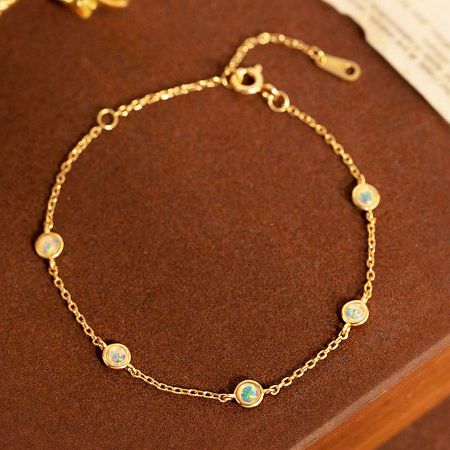 925 Silver 5 Bezel Setting Opal Stone Bracelet (Set of 5) - A close-up of the 925 sterling silver bracelet with 18K gold plating, showcasing the five beautifully bezel-set opal stones on a clean white background.