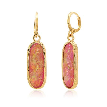 A pair of Rainbow Resin Earrings showcasing their vibrant pink and orange hues.