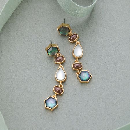 Side view of the long drop earring, highlighting the multi-stone design with opalite and acrylic accents.