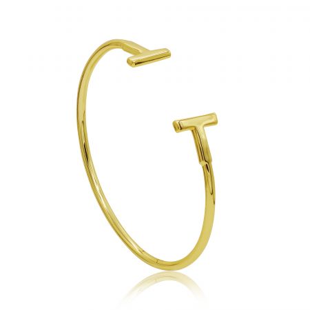 Side view of the gold open-ended Modern Polished Bar Bangle, highlighting its cuff design.