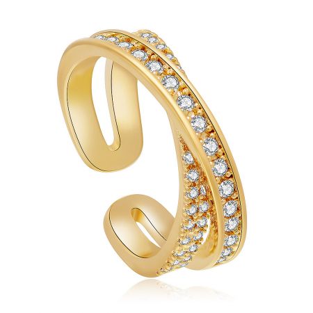 Side view of the gold-plated X design ring, highlighting the open-ended structure and double row of cubic zirconia.