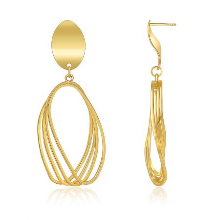 Side view of the gold openwork oval earrings, highlighting their modern and minimalist curved lines.