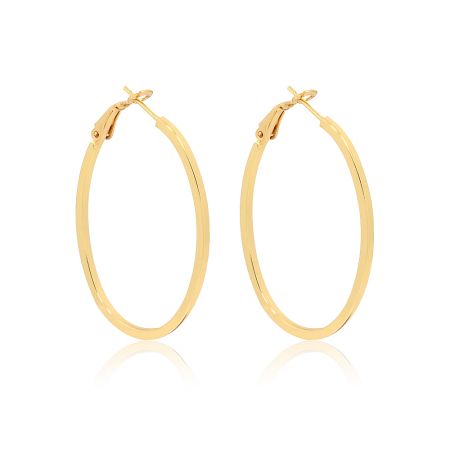 Detailed view of the gold oval hoop earrings, highlighting their unique shape and polished finish.