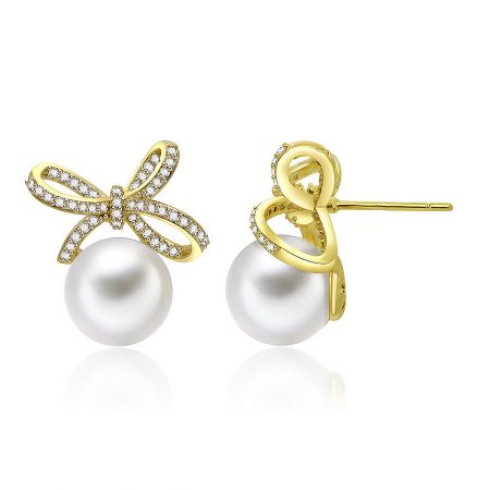 A pair of Pearly Gold Bow Drops Stud Earrings showcasing the intricate diamond-studded bow design.
