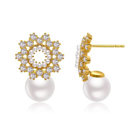 Detailed view of the Flower 10MM Pearl Earring showing the gold post and crystal flower pattern.