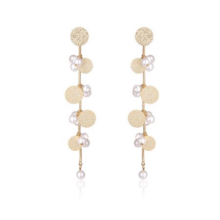 Pearl Textured Disc Chain Earrings - A pair of Pearl Textured Disc Chain Earrings with a symmetrical design, featuring gold-plated textured discs and elegant white pearl accents.
