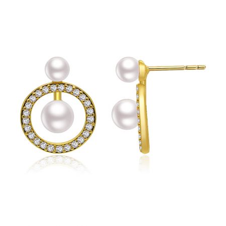 Detailed side view of the Bar Pearl Circle Stud earring, highlighting the post-back closure and the arrangement of pearls and gemstones.