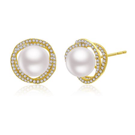 Close-up detail of the Floral Pave Imitation Pearl Button Earring, showing the craftsmanship of the gold plating and stone setting.