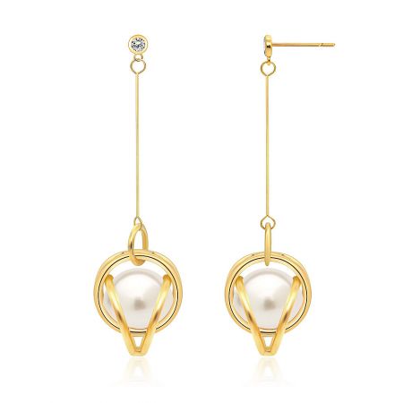 Side view of the Gold-toned Swirled Filigree Pearl Earrings, highlighting the modern design and pearl.