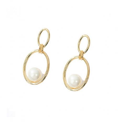 Polished Oval Ring With Pearl Earrings - A pair of Polished Oval Ring With Pearl Earrings with delicate pearl drops, featuring an 18k gold plated finish.