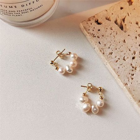 14K Gold Plated Baroque Freshwater Pearl Beaded Stud Earrings (5 Pairs) - A pair of 14K gold plated baroque freshwater pearl beaded stud earrings on a clean white background.