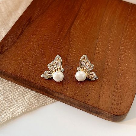 Gold Plated Dainty Butterfly Zircon Pearl Stud Earrings (5 Pairs) - A pair of gold-plated butterfly stud earrings with a central pearl and sparkling zircon gemstone accents, shown on a clean white background.