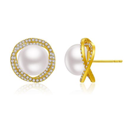 Side view of the gold-plated floral pearl button earring, highlighting the pave-set cubic zirconia details.