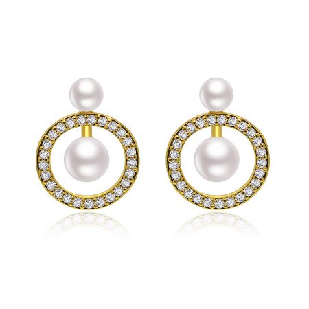 Bar Pearl Circle Studs - A pair of Bar Pearl Circle Studs with gold plating, showcasing a circular design with white pearls and sparkling cubic zirconia accents on a white background.