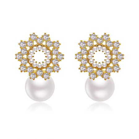 Flower 10MM Pearl Earring - A pair of Flower 10MM Pearl Earrings with a gold-plated finish, featuring a floral design with pink cubic zirconia and a large white pearl.
