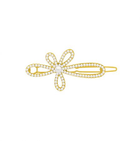 Pearl Flower Hair Pin - A close-up of the Pearl Flower Hair Pin, showing its intricate gold-plated floral design adorned with lustrous white pearls.
