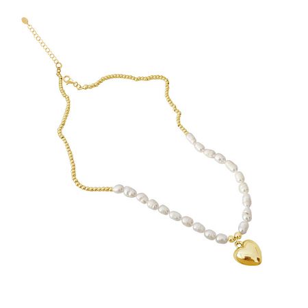 Valentine Heart Pendant Pearl Necklace - A close-up of the Valentine Heart Pendant Pearl Necklace, showcasing the delicate freshwater pearls and the polished gold-plated heart charm on a white background.