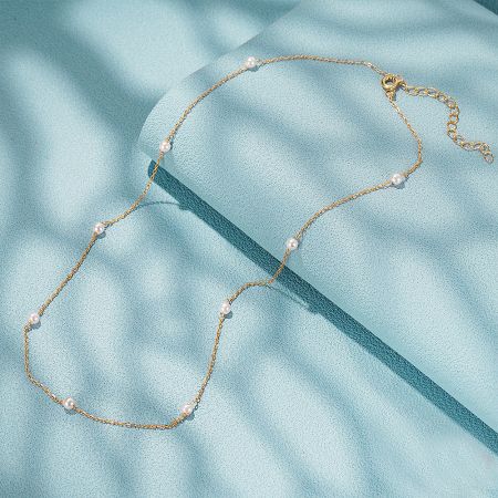 925 Sterling Silver 3mm Small Pearls Chain Necklace Set of 5 - Close-up of a 925 sterling silver chain necklace with 3mm small pearls, shown in a radiant gold finish.