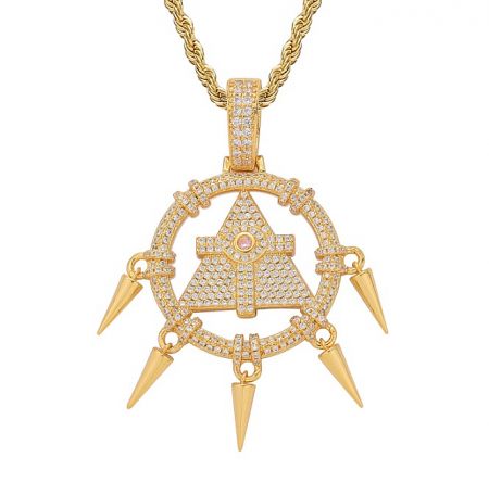 Custom Millennium Wheel Wisdom Necklace - A close-up of the Custom Millennium Wheel Wisdom Necklace in a gold finish, featuring a detailed triangular pendant with spikes and encrusted with cubic zirconia stones.