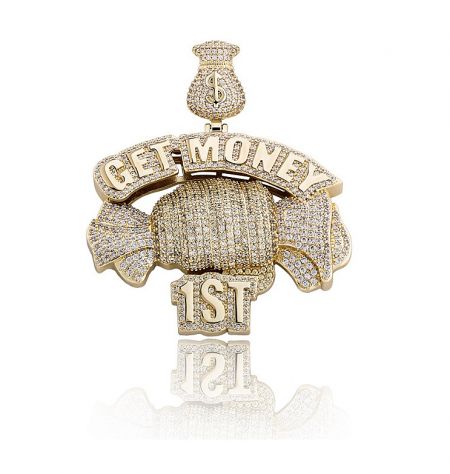 Detailed close-up of the custom 18K gold hip hop pendant, highlighting the intricate cubic zirconia stone setting.