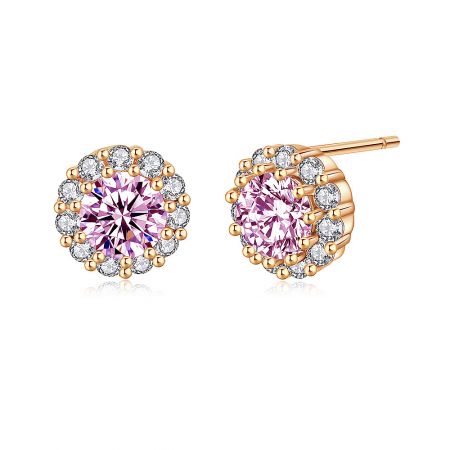 Side view of the rose gold stud earrings highlighting the pink and white cubic zirconia stones.