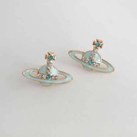 Light Blue Enamel with Rhinestones Planet Stud Earrings (5 Pairs Set) - A pair of gold-plated planet stud earrings with light blue enamel and sparkling rhinestone details, part of a five-pair set.